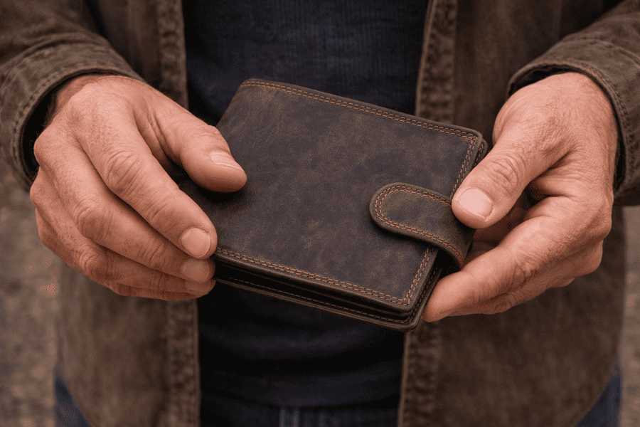 ruky držiace peňaženku so zapínaním mk